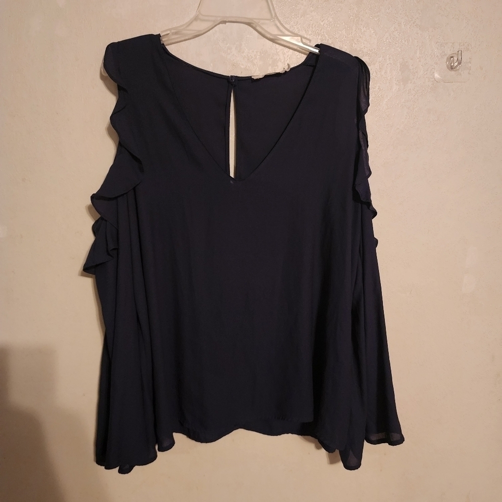 Lush V-Neck Ruffle Cut Out Sleeve Navy Blouse Size S